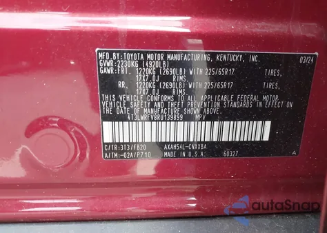 2024 Toyota Rav4 Hybrid Le z USA, uszkodzony, nr VIN 4T3LWRFV8RU139899